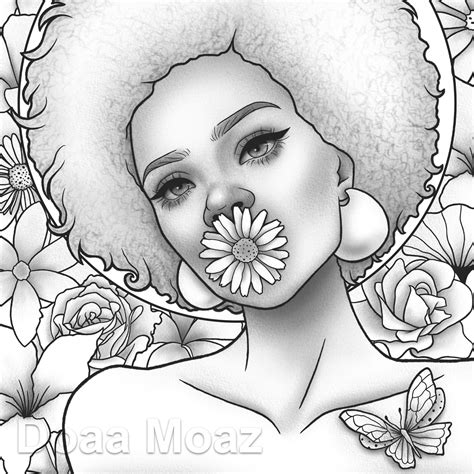 Printable Coloring Page Black Girl Floral Portrait Etsy