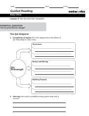 Guided Reading Activity Lesson 3 The Qin And Han Dynasties Editable