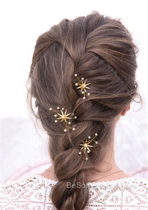 Wedding Hair Pins Star Flower And Champagne Pearl Celestial Bridal Hair