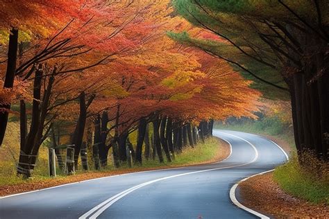 A Road Is Lined With Trees With Red Leaves Background Street Tree