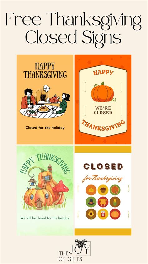 Four Thanksgiving Cards With The Words Free Thanksgiving Closed Signs