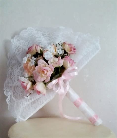 Lace Fan Bridal Bouquet Pink White Silk Wedding Flowers Cottage Ready