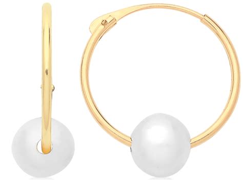 9ct Yellow Gold Fresh Water Pearl Hoop Earrings Sleeper Hanging Charm