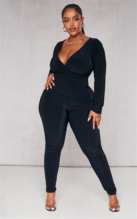 Plus Black Wrap Front Long Sleeve Catsuit Plus Size