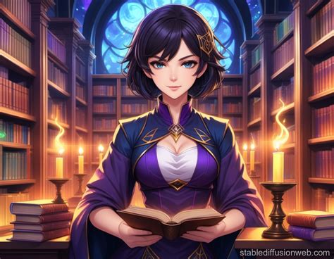 Dark Haired Sorceress In Magical Library Stable Diffusion Online