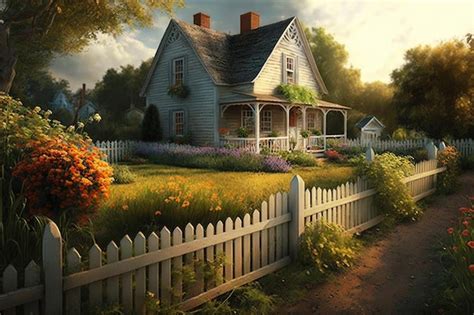 Premium Ai Image Farmhouse With Picket Fence And Garden In The Foreground