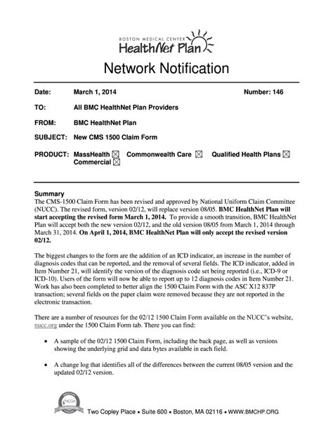 Fillable Online Bmchp M New Cms Claim Form Bmc Healthnet