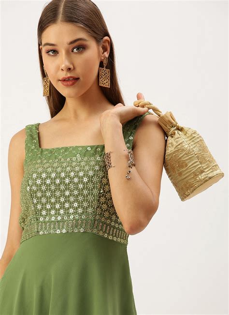 Buy Green Embroidered Georgette Layered Gown Festive Wear Online At