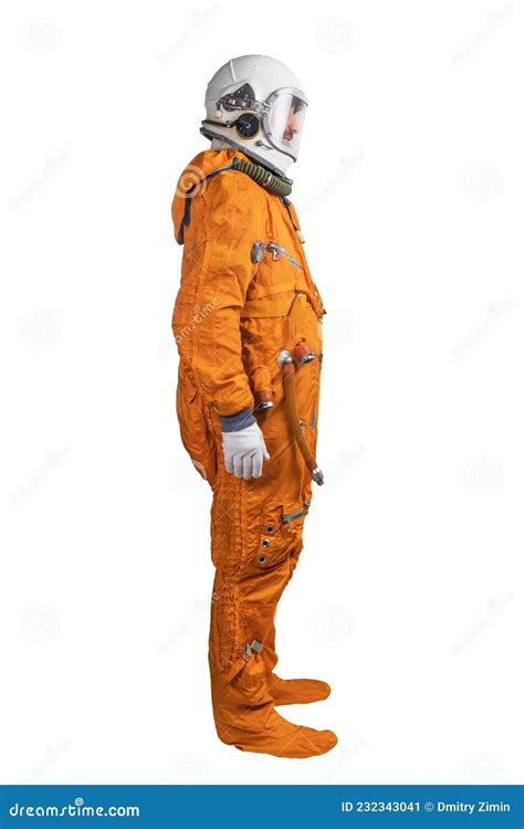 Astronaut Wearing Orange Space Suit And Space Helmet Isolated On A White Background Side View