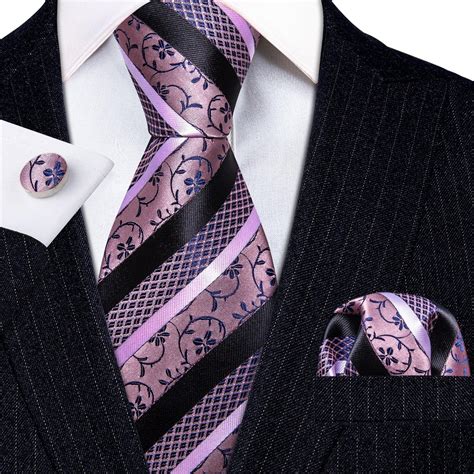 Lavender Black Stripe Floral Silk Tie Pocket Square Cufflink Set Styletie