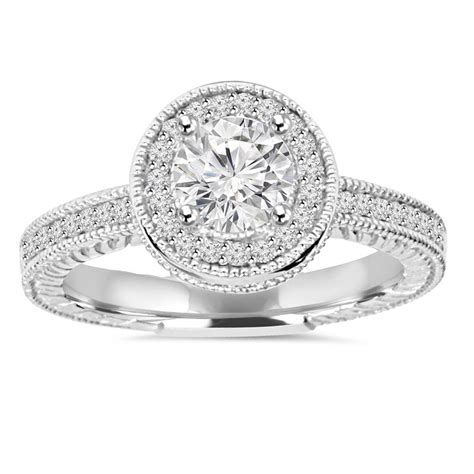 1 Carat Vintage Halo Genuine Diamond Engagement Ring 14k White Gold Ebay