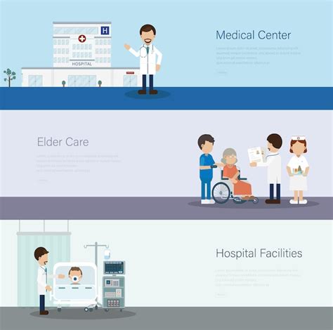 의사와 환자 평면 디자인 벡터 일러스트와 함께 의료 배너 세트 프리미엄 벡터