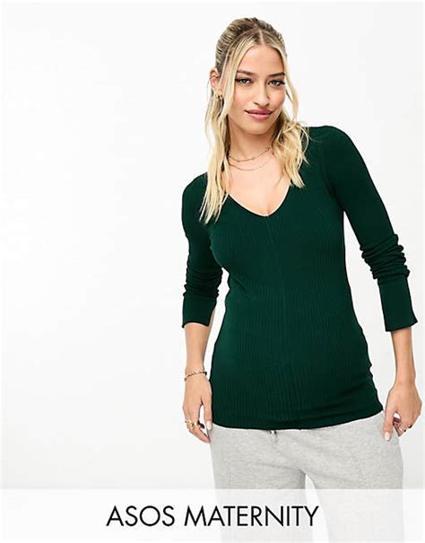 Asos Design Maternity Rib Jumper With V Neck In Dark Green Asos