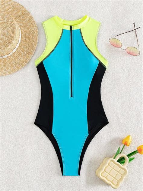 Shein Swim Sprty Colorblock Zipper Front One Piece Swimsuit Shein Usa