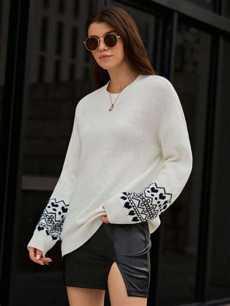 Shein Frenchy Heart And Geo Pattern Drop Shoulder Sweater For Sale