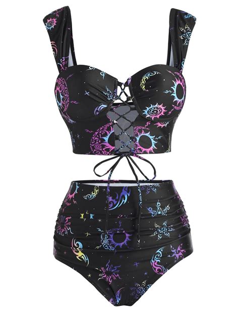 Vrouwen Leuke Ster Maan Rooster Hoge Waisted Tankini Badpak Dames Twee