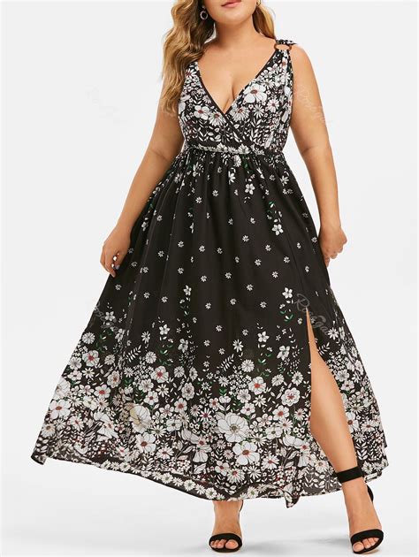 54 OFF Plus Size Plunge Floral Print Split Dress Rosegal