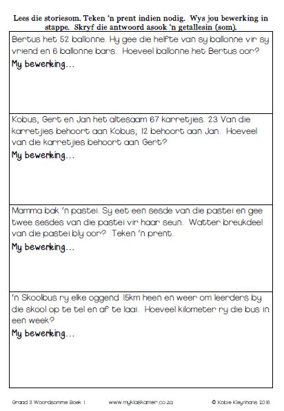 Woordsomme Graad 3 Boek 1 My Klaskamer Deur Kobie Kleynhans First Grade Math School Posters