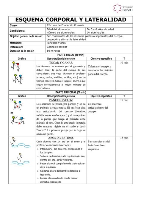 Sesión esquema corporal y lateralidad Planificacion de educacion