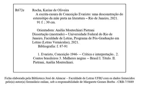 Ficha Catalogr Fica Biblioteca Jos De Alencar Ufrj