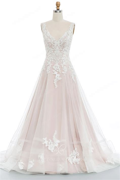 Elegant Pink Nude Lace Tulle A Line Open Back Wedding Gown Vq