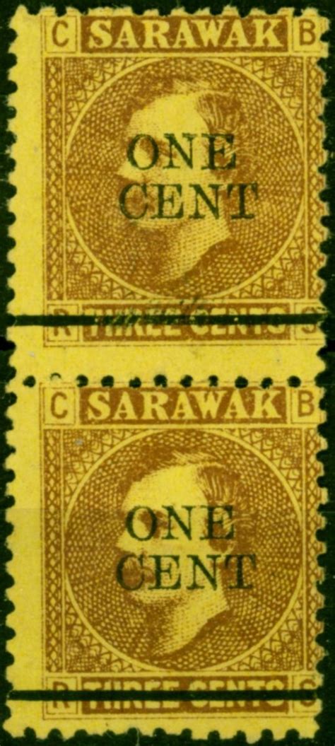 Sarawak 1892 1c On 3c Brown Yellow SG27 Fine Unused Vertical Pair 2