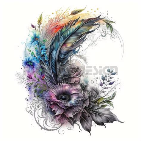 Feather With Flowers Tattoo Design Download High Resolution Digital Art