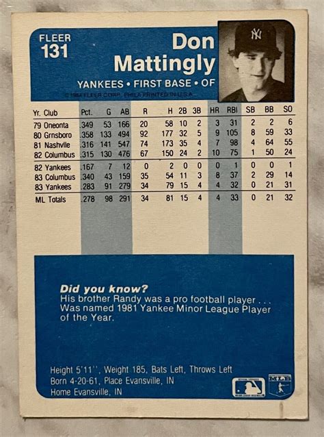 1984 Fleer Don Mattingly Rookie 131 GREEN Dot Misprint RC New York