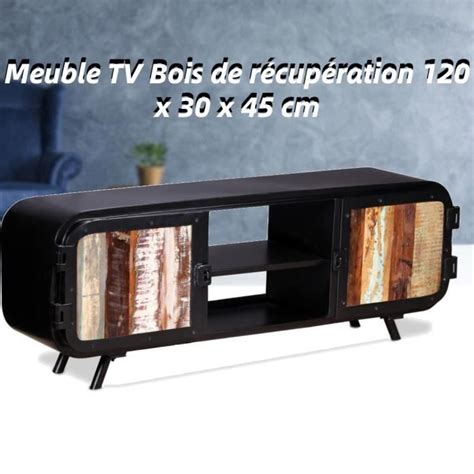 COC Meuble TV fer et bois de récupération 120 x 30 x 45 cm Noir