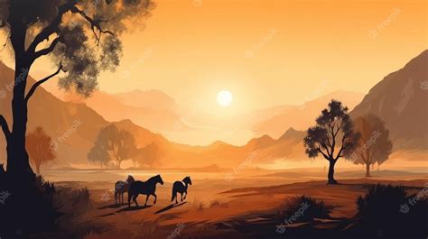 Premium Photo | A painting of horses in a landscape with a sunset in ...