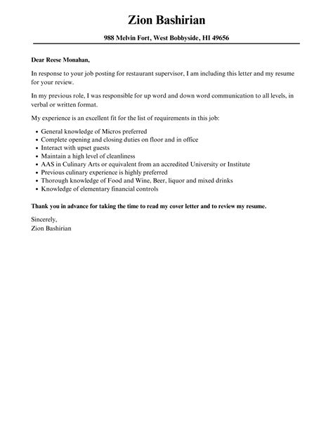 Restaurant Manager Cover Letter Template