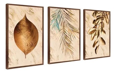 Conjunto Quadros Folhas Nude Dourado Moldura Luxuoso MercadoLivre