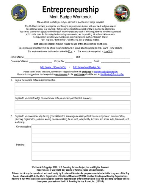 Fillable Online Entrepreneurship Merit Badge And Worksheet Fax Email Print Pdffiller