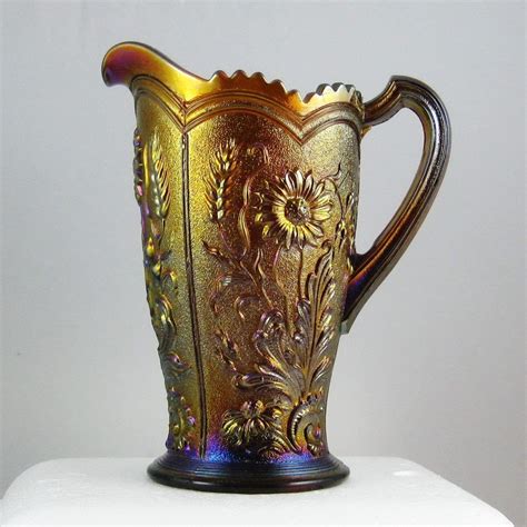 Antique Imperial Amber Fieldflower Carnival Glass Water Pitcher