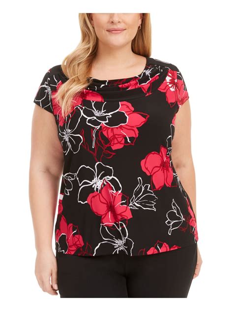 Kasper Womens Black Floral Short Sleeve Cowl Neck T Shirt Top Plus Size