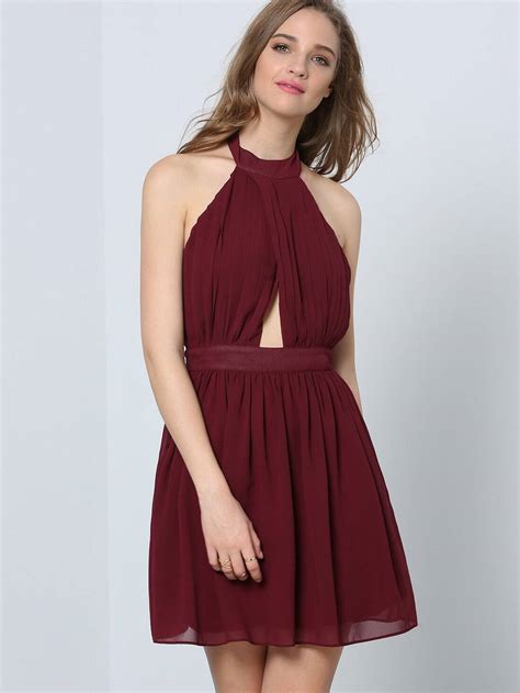 Burgundy Halter Sleeveless Cut Out Pleated Dress Shein Sheinside