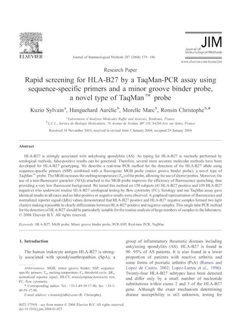 Pdf Rapid Screening For Hla B27 By A Taqman Pcr Assay Using Sequence