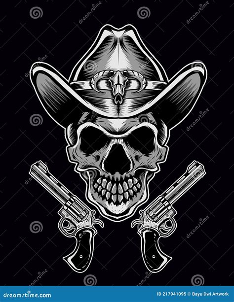 Illustration Vector Skull Cowboy With Two Guns Stock Vector