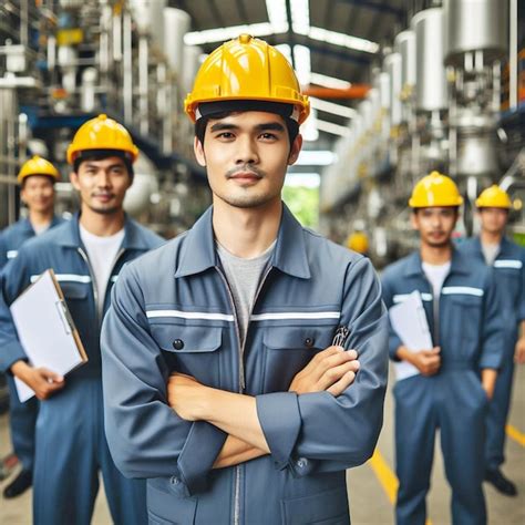 Un Ingeniero Con Su Equipo En El Fondo Con Uniforme Y Casco De