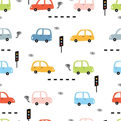 Seamless pattern Colorful vintage car background and traffic sign Cute ...