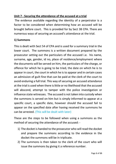 Unit 7 Notes On Securing The Attendance Of The Accused Unit 7