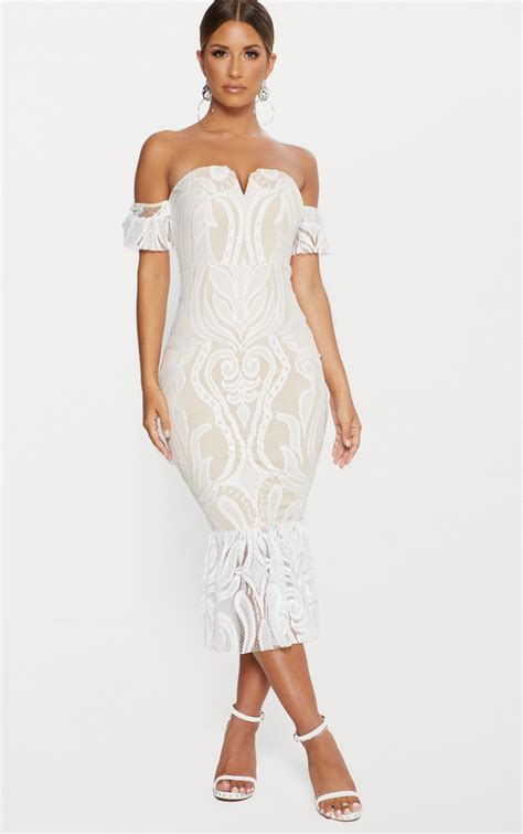 White Bardot Lace Frill Hem Midi Dress Dresses Prettylittlething Usa