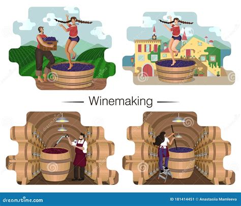 Set Of Isolated Craft Winery Illustrations Stages Of Winemaking Stock