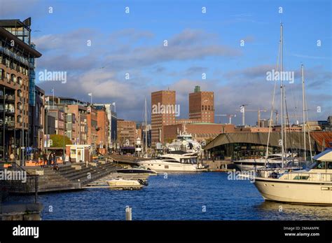 aker brygge  marina   town hall   background oslo