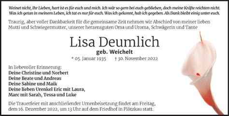 Traueranzeigen Von Lisa Deumlich Abschied Nehmen De