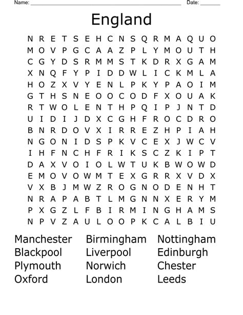 England Word Search Printable