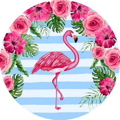 Painel D Festa Redondo Malha Sublimado Tropical Flamingo Em