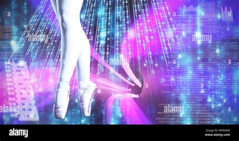 Ballet Dancer Feet Dancing With Digital Technology Interface Stock