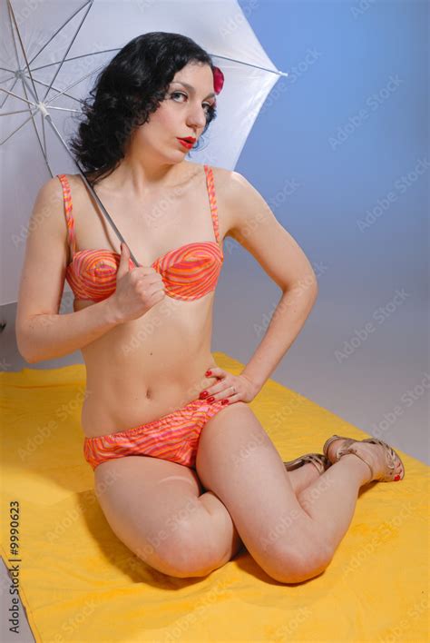 Retro Fifties Pin Up Cute Girl In Vintage Bikini Stock Photo Adobe Stock
