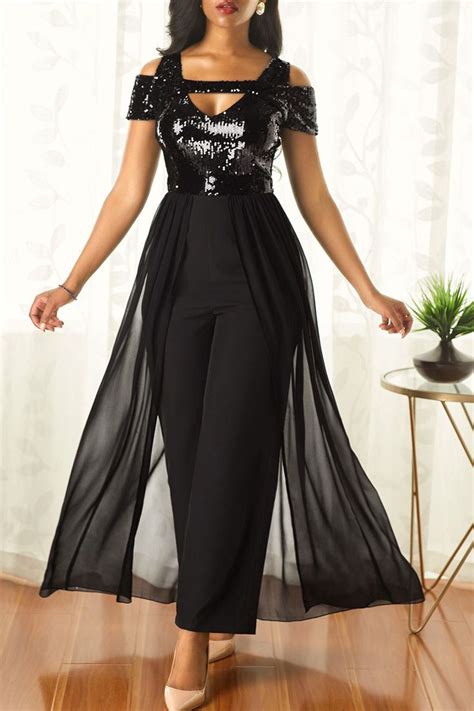 Chiffon Overlay Sequin Embellished Strappy Cold Shoulder Jumpsuit